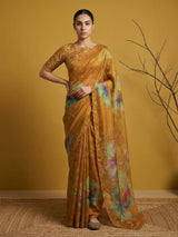 Fendy Satin Floral Printed Mustard Saree with Handwork Embroidery and Cutwork Aari Border
