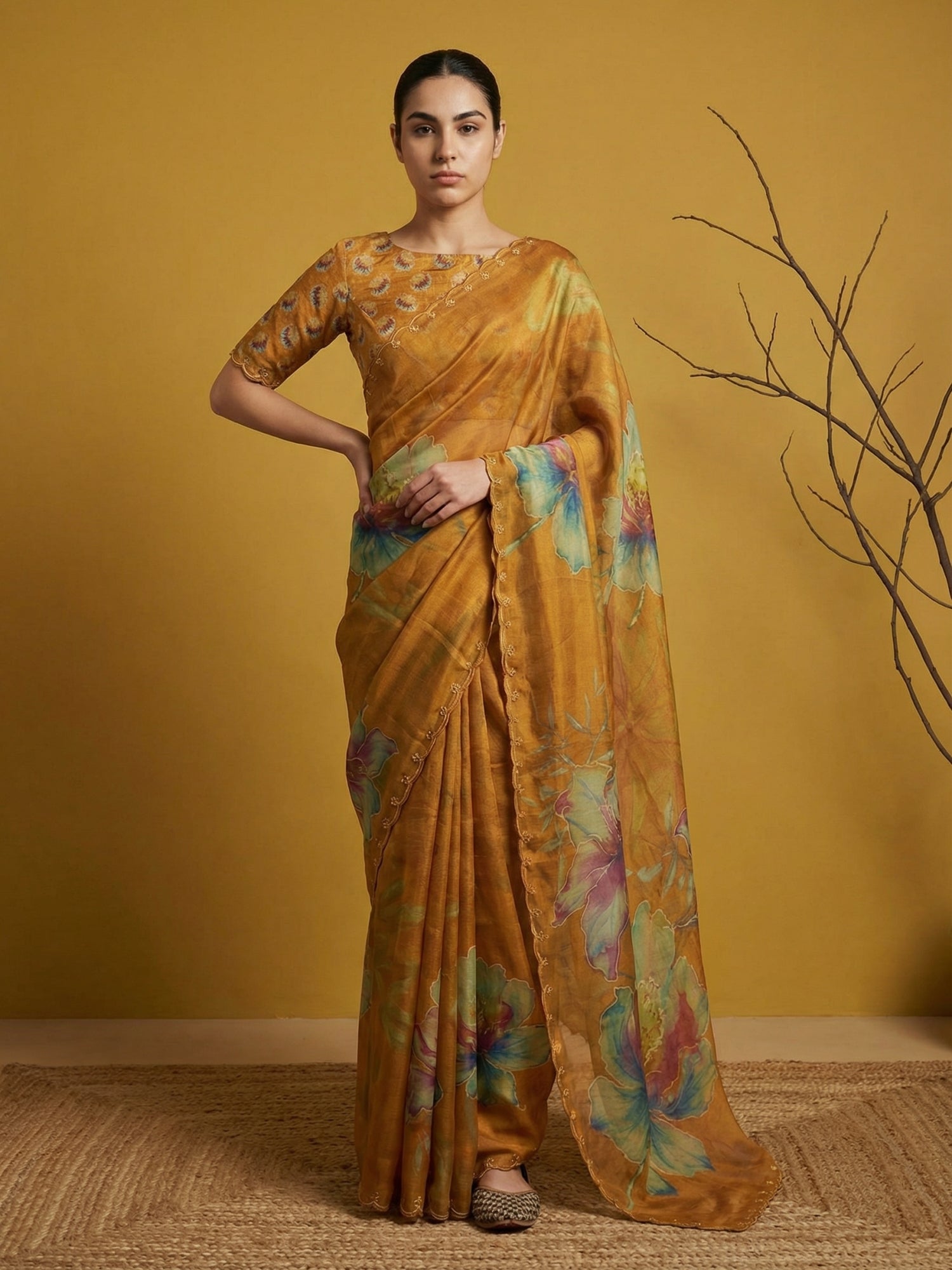 Fendy Satin Floral Printed Mustard Saree with Handwork Embroidery and Cutwork Aari Border