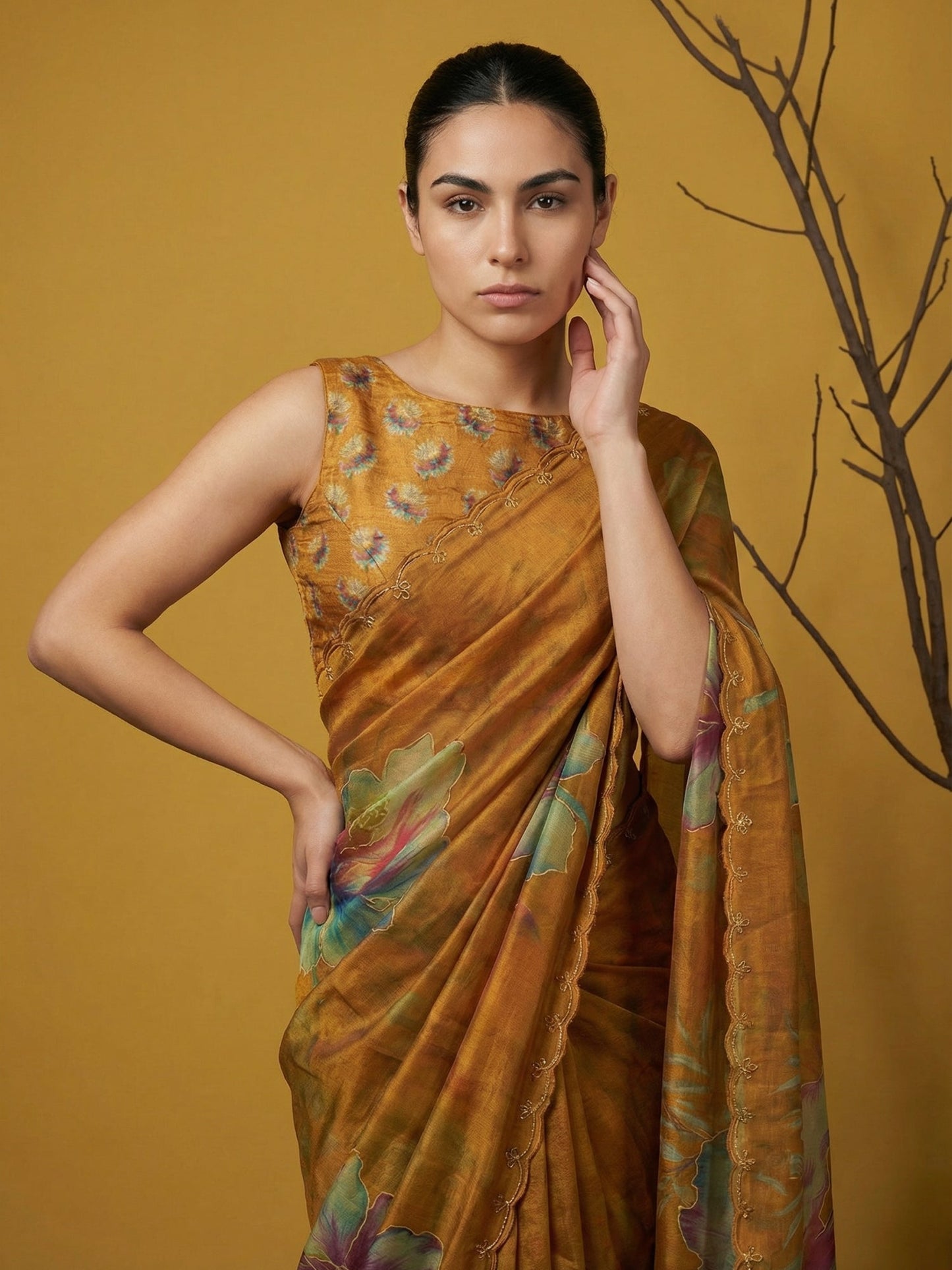 Fendy Satin Floral Printed Mustard Saree with Handwork Embroidery and Cutwork Aari Border