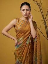 Fendy Satin Floral Printed Mustard Saree with Handwork Embroidery and Cutwork Aari Border