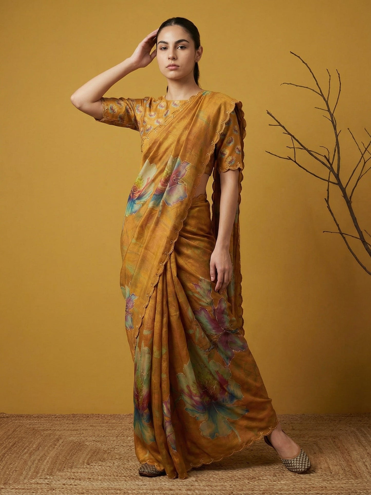 Fendy Satin Floral Printed Mustard Saree with Handwork Embroidery and Cutwork Aari Border