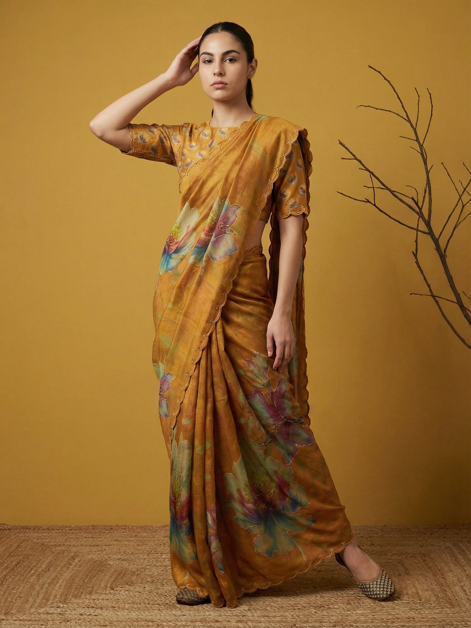 Fendy Satin Floral Printed Mustard Saree with Handwork Embroidery and Cutwork Aari Border