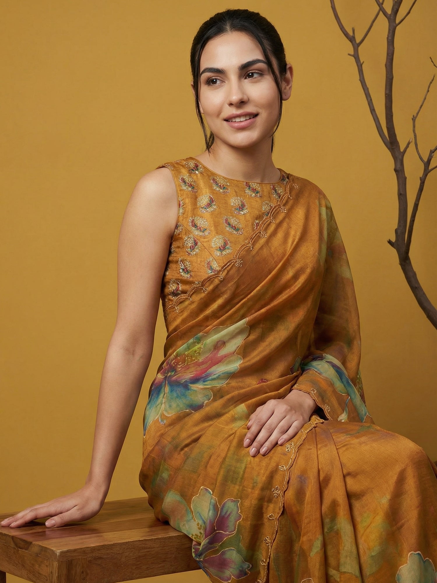 Fendy Satin Floral Printed Mustard Saree with Handwork Embroidery and Cutwork Aari Border