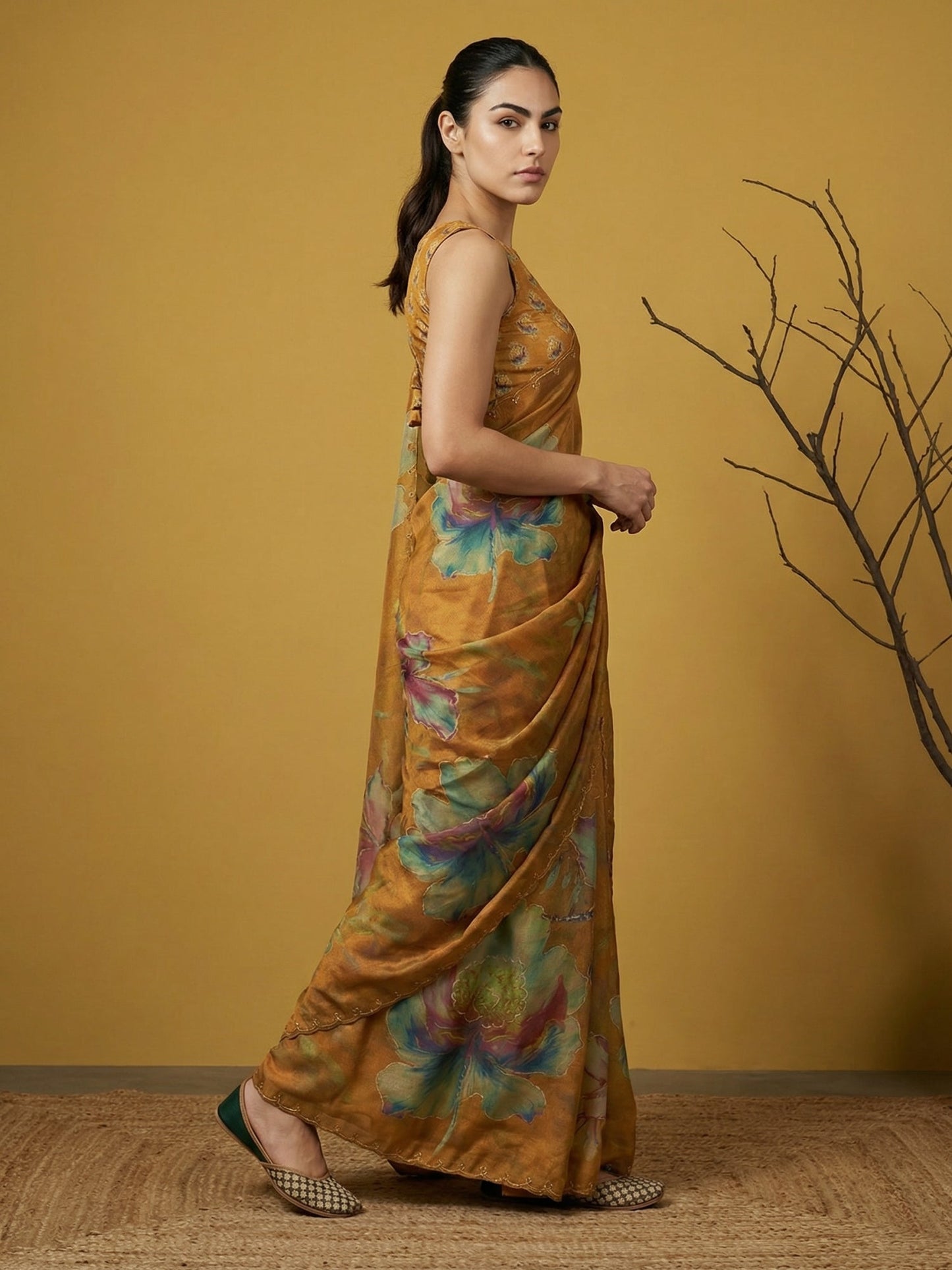 Fendy Satin Floral Printed Mustard Saree with Handwork Embroidery and Cutwork Aari Border