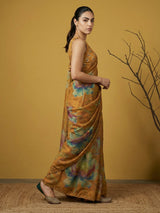 Fendy Satin Floral Printed Mustard Saree with Handwork Embroidery and Cutwork Aari Border