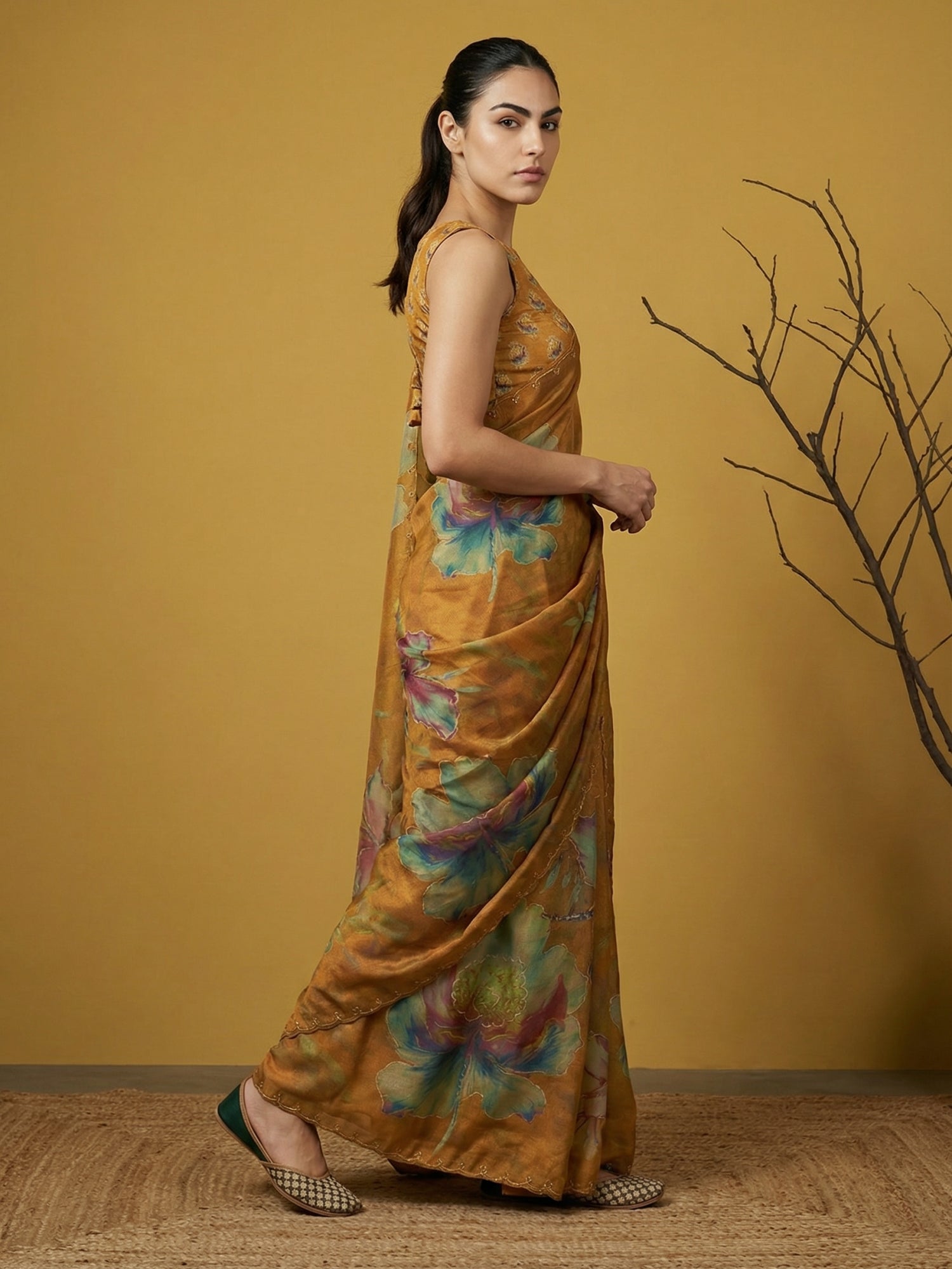 Fendy Satin Floral Printed Mustard Saree with Handwork Embroidery and Cutwork Aari Border