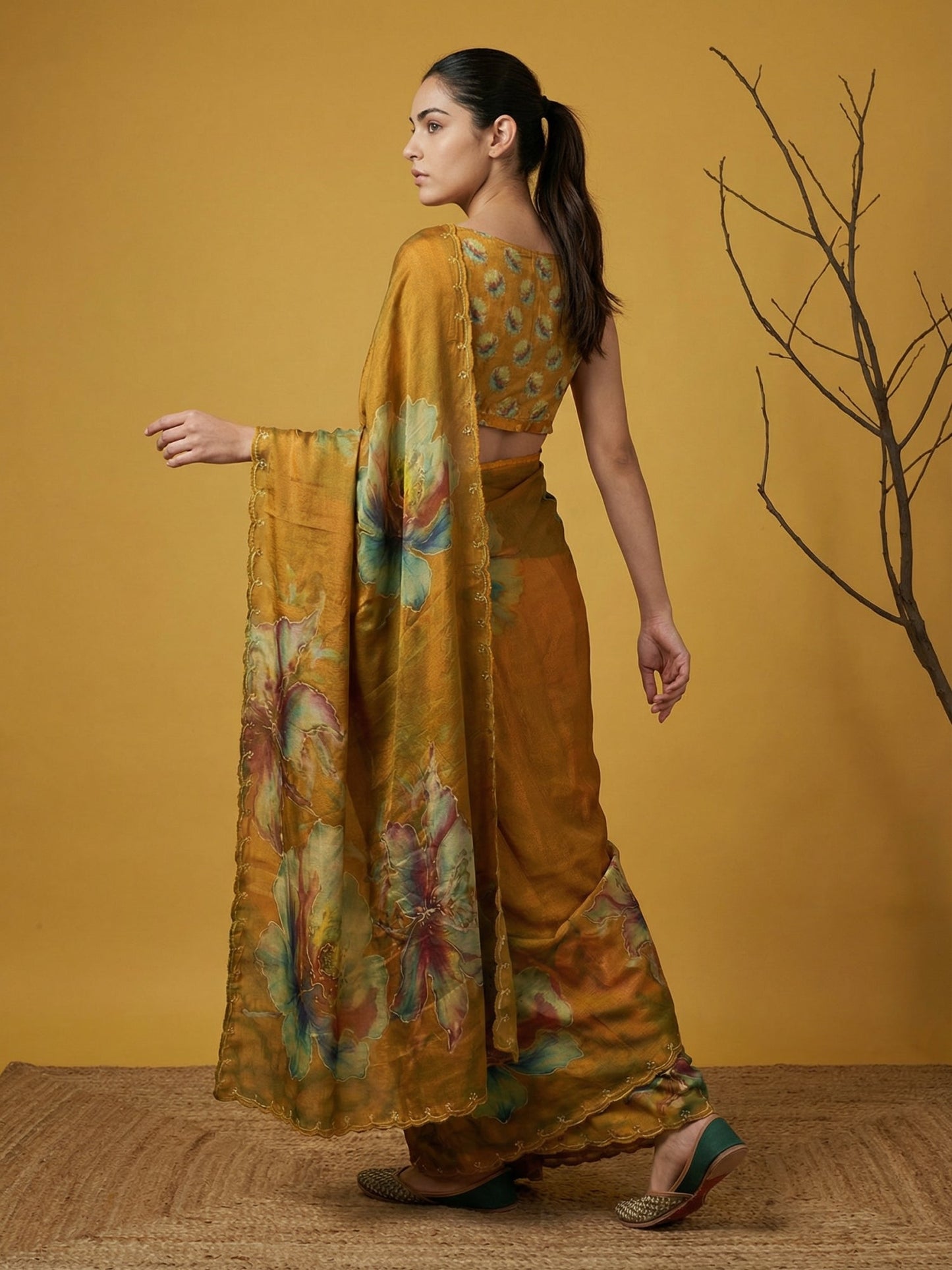 Fendy Satin Floral Printed Mustard Saree with Handwork Embroidery and Cutwork Aari Border