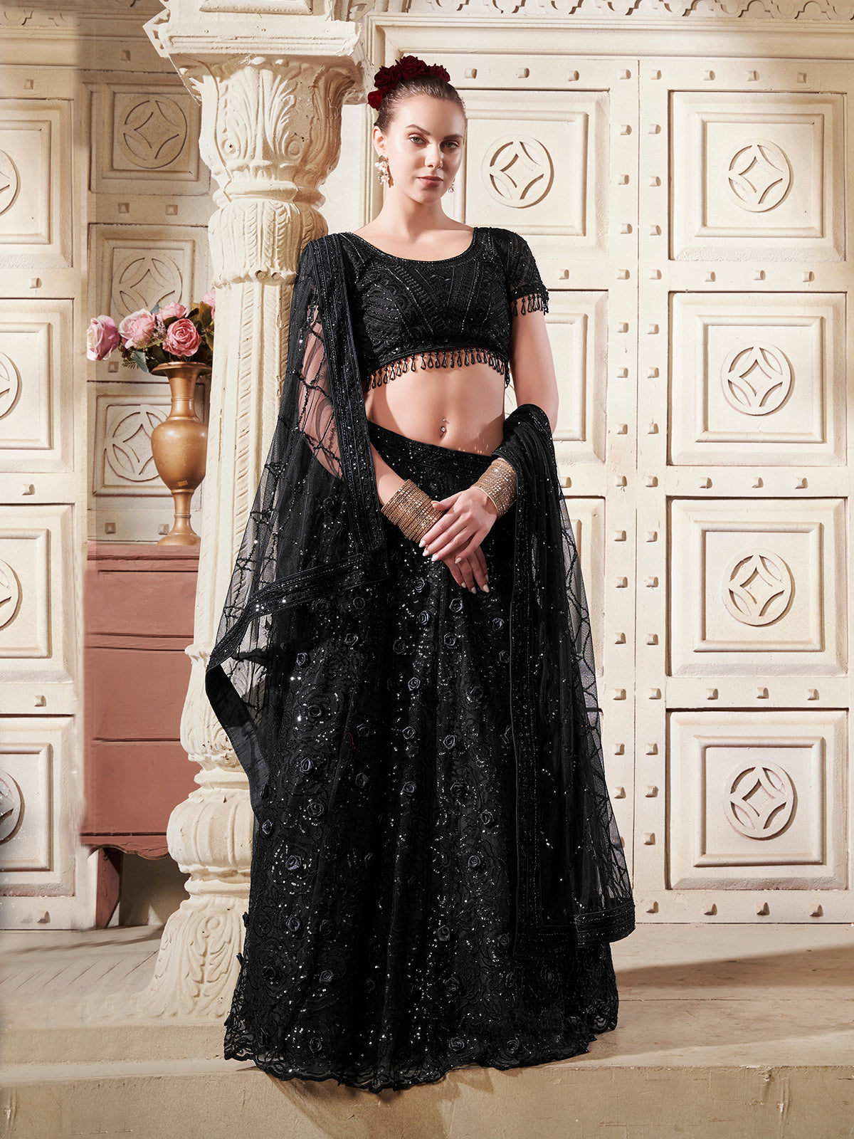 Black Floral  Net Lehenga Set For Bridal Wear