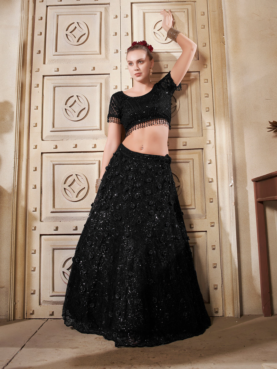 Black Floral  Net Lehenga Set For Bridal Wear