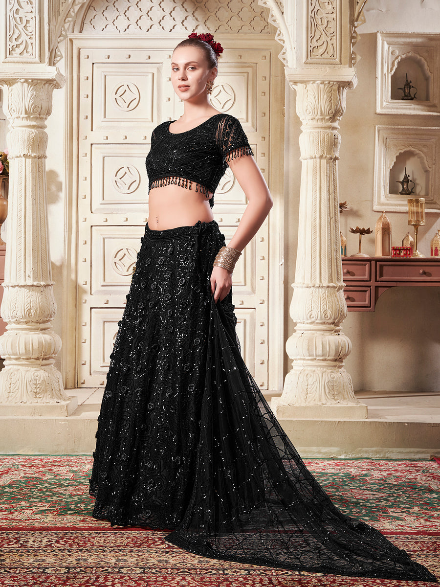 Black Floral  Net Lehenga Set For Bridal Wear