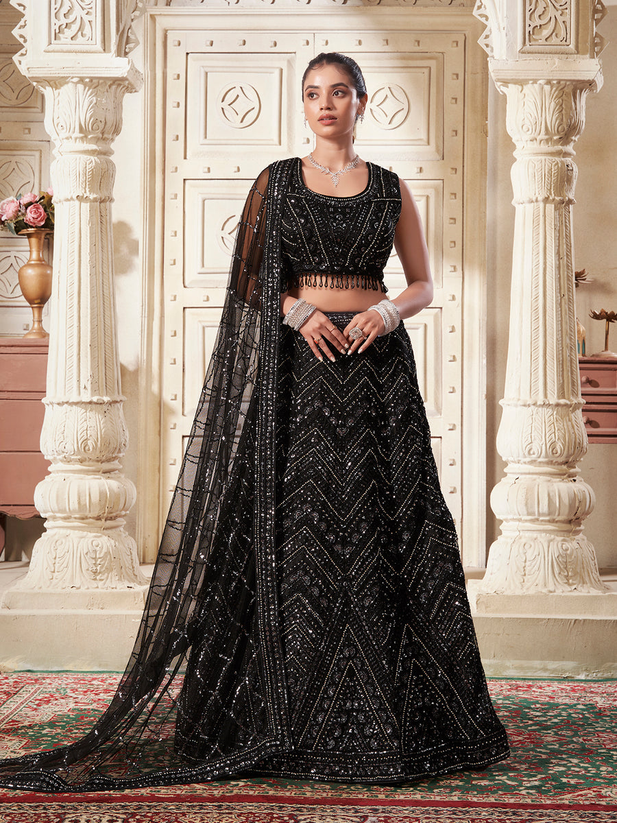 Black Zarkan  Net Lehenga Set For Bridal Wear