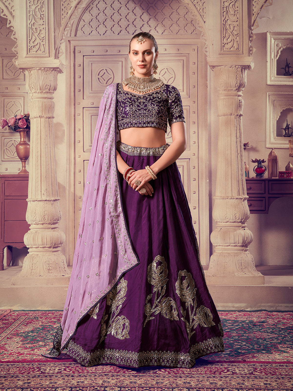 Designer Wine Embroidered Bridal Lehenga choli Set