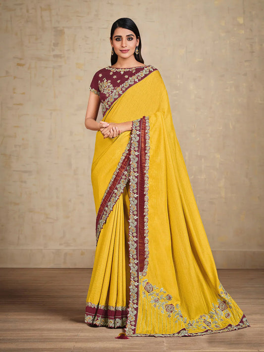 Yellow Silk Saree with Embroidery Border & Maroon Raw Silk Blouse