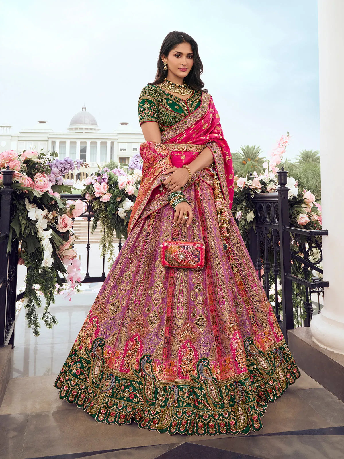 Elegant Embroidered Pink Silk  Lehenga Choli Set