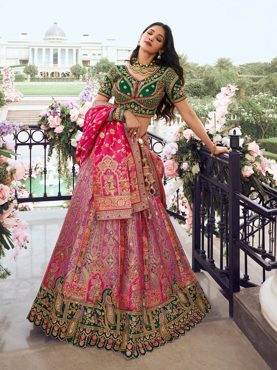 Elegant Embroidered Pink Silk  Lehenga Choli Set