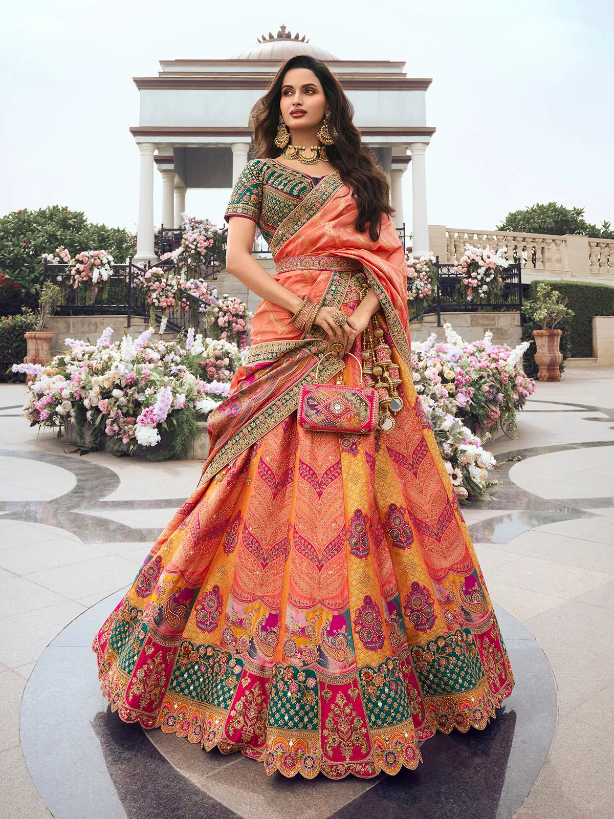 Elegant Embroidered Orange-Yellow Silk  Lehenga Choli Set