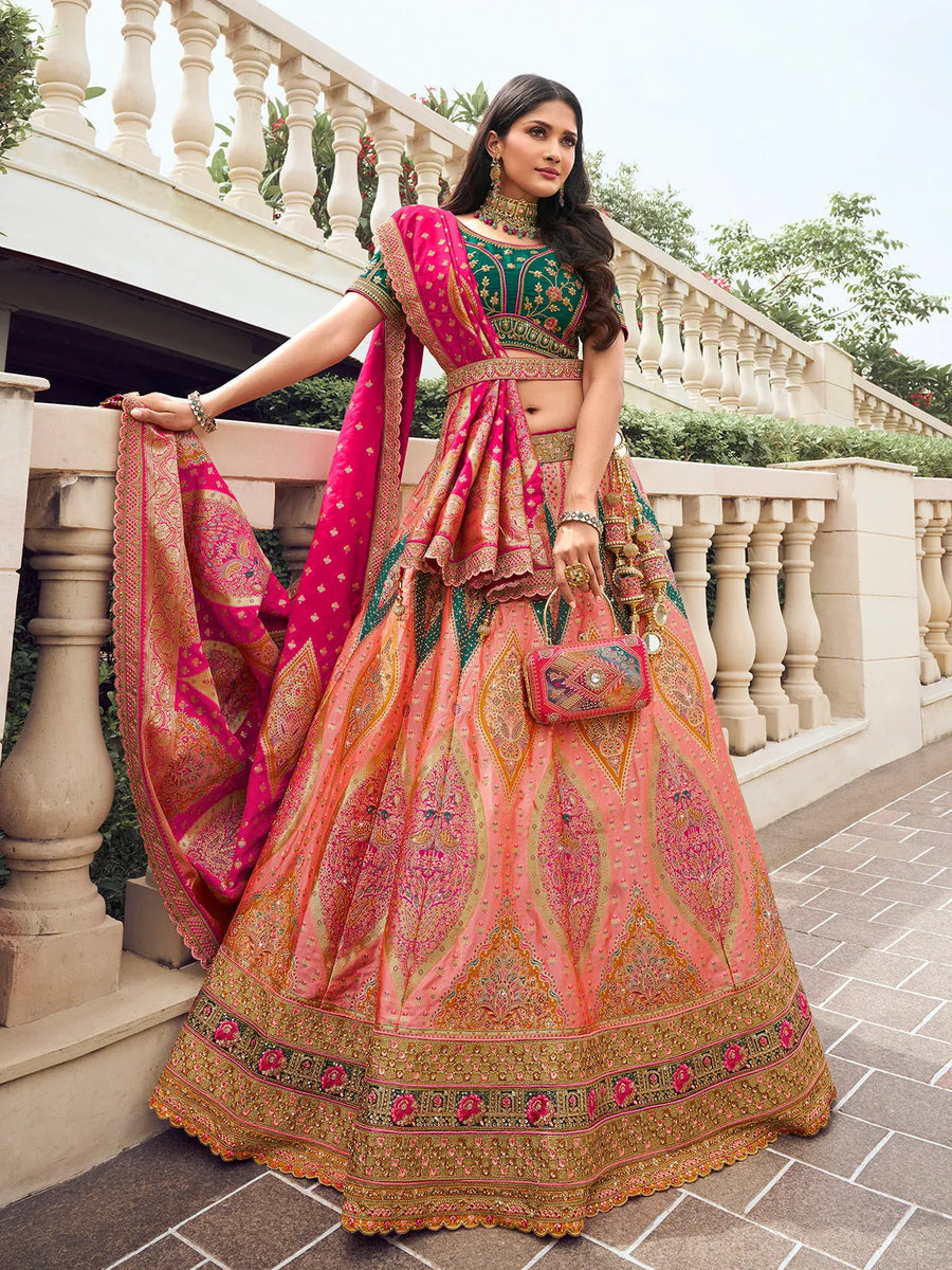 Elegant Multi-Color Embroidered  Silk  Lehenga Choli Set