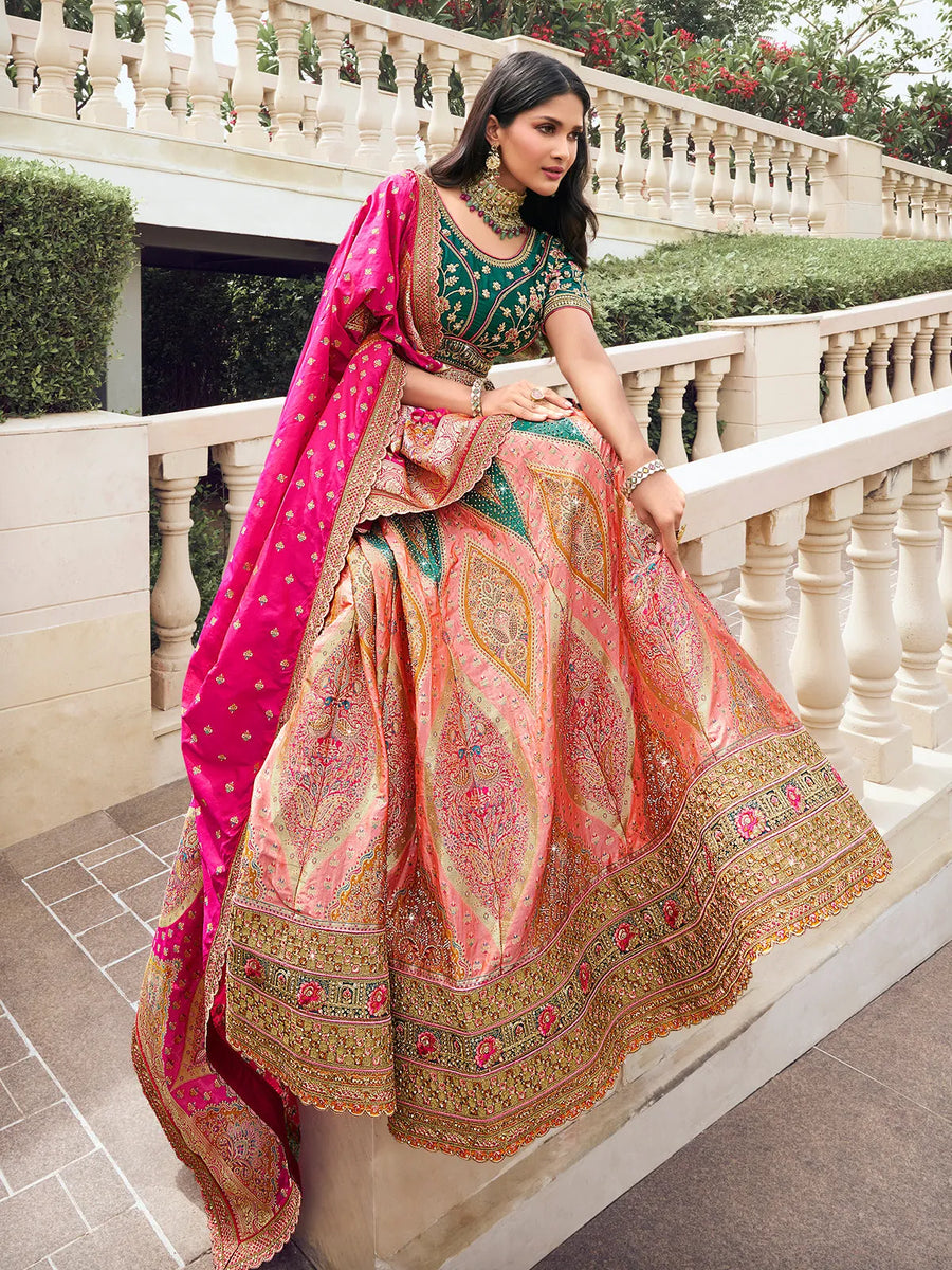 Elegant Multi-Color Embroidered  Silk  Lehenga Choli Set