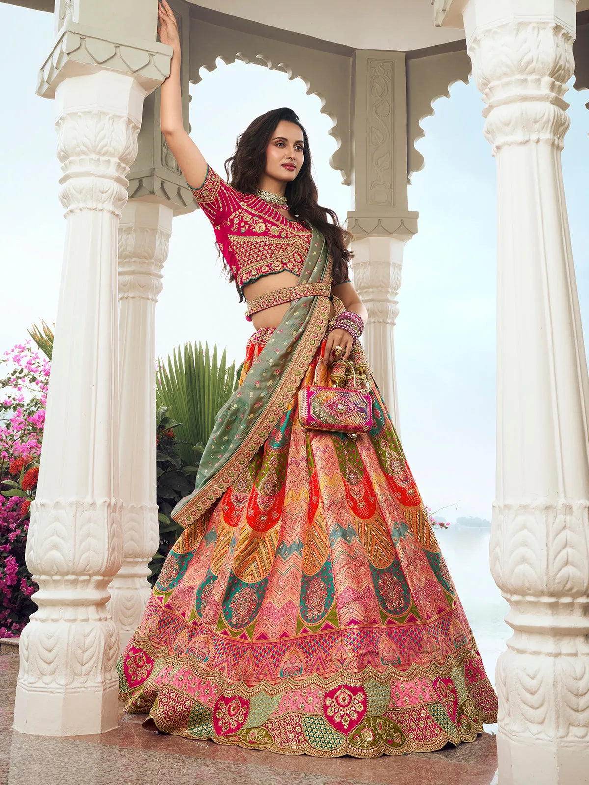 Stunning Multi-Color Silk  Embroidered Lehenga Choli Set