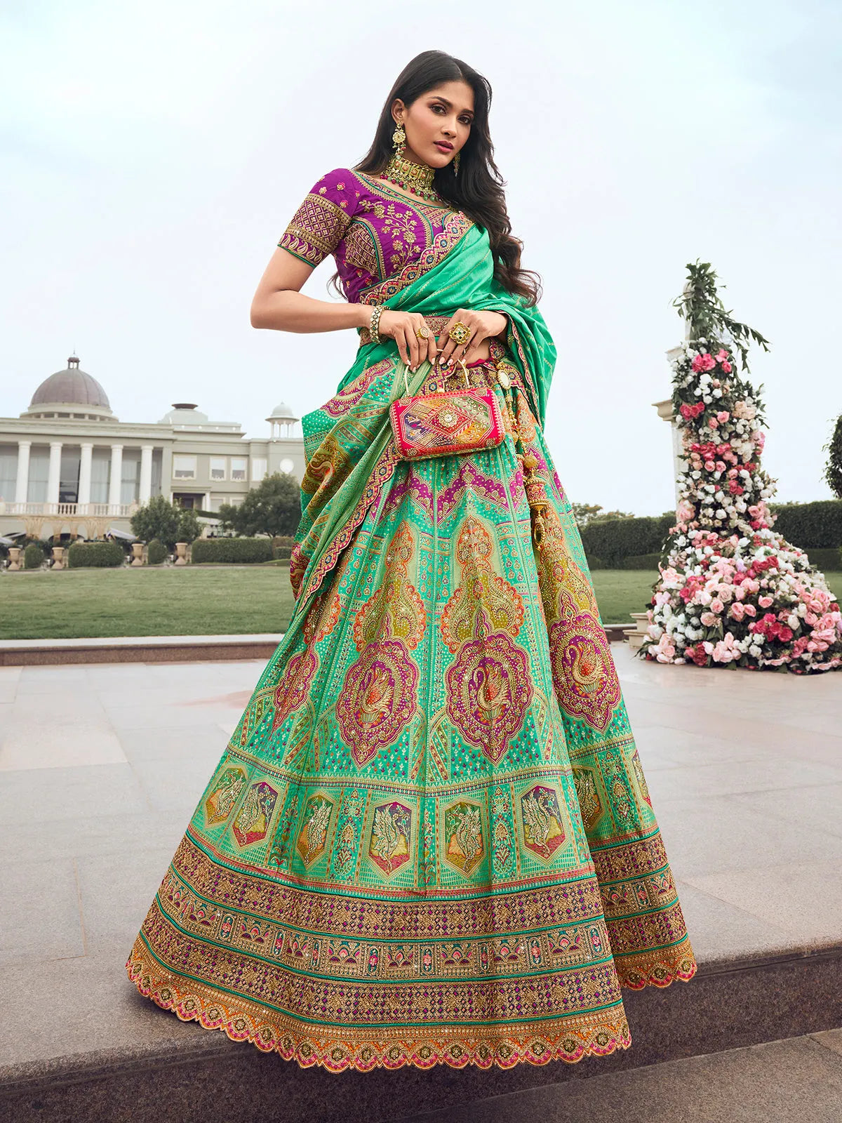 Elegant Embroidered Mint Green Silk  Lehenga Choli Set