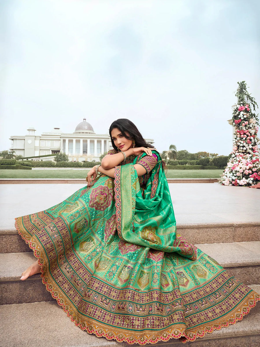 Elegant Embroidered Mint Green Silk  Lehenga Choli Set