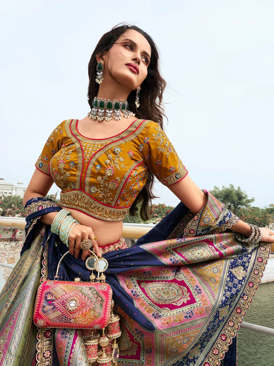 Elegant Multi-Color Silk  Embroidered Lehenga Choli Set