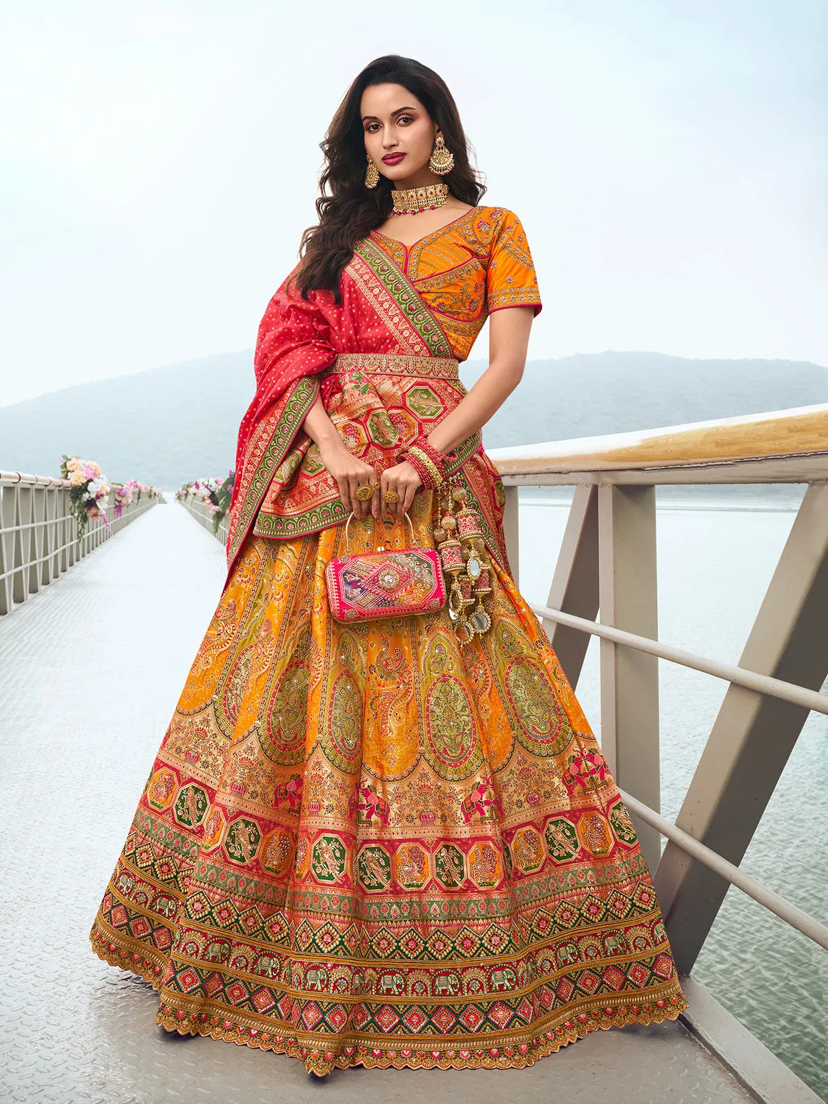 Elegant Yellow Embroidered  Silk  Lehenga Choli Set