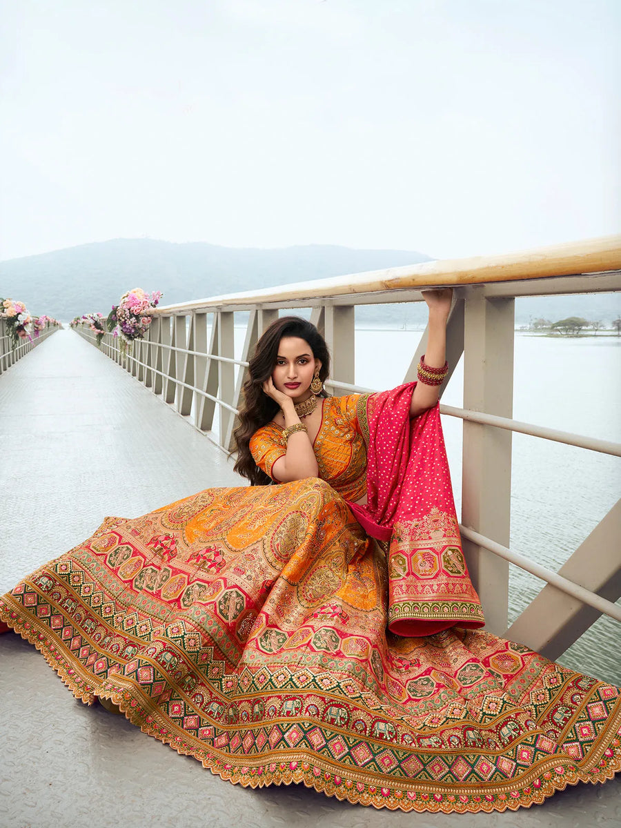 Elegant Yellow Embroidered  Silk  Lehenga Choli Set