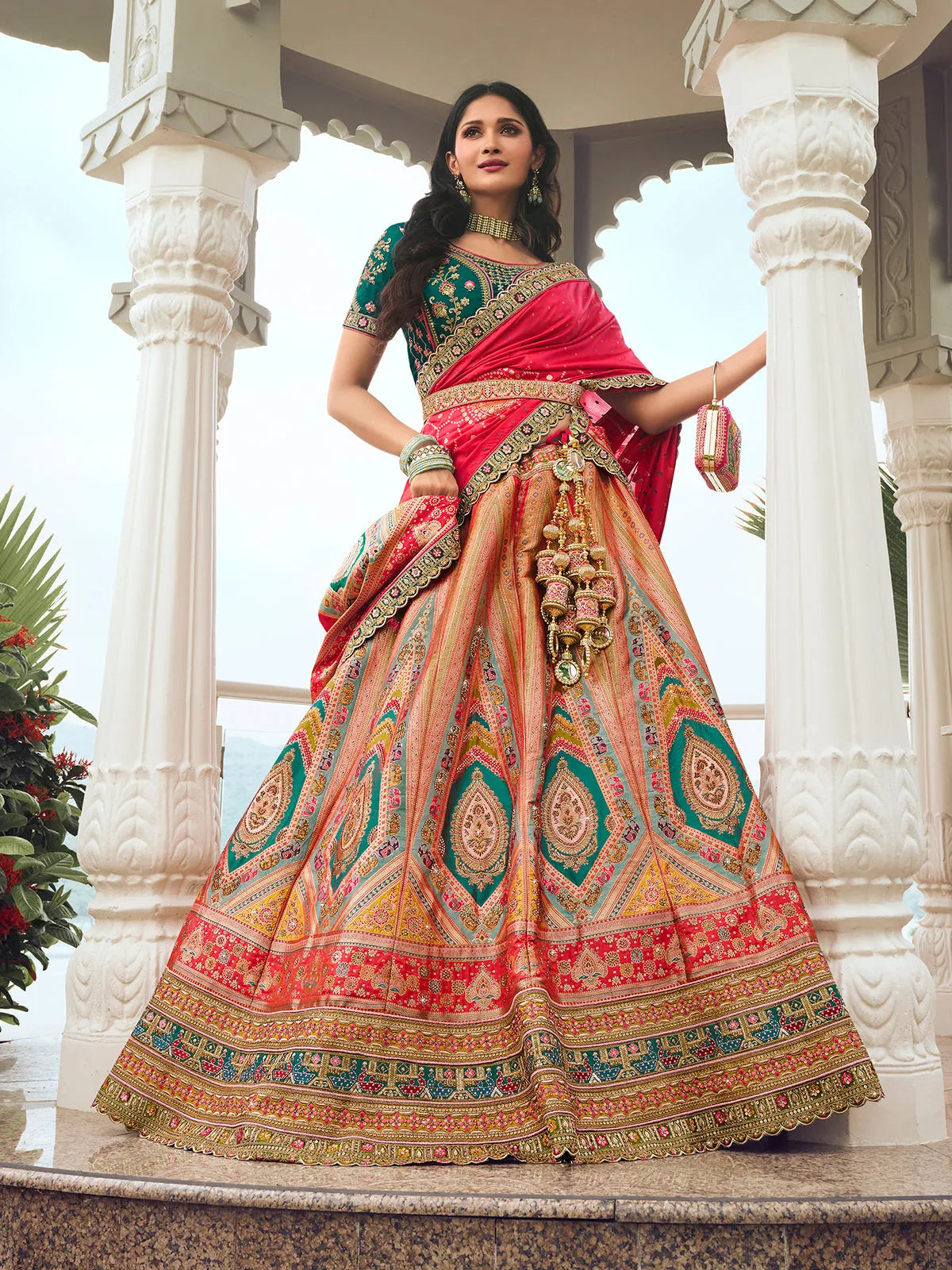 Elegant Embroidered Multi-Color Silk  Lehenga Choli Set