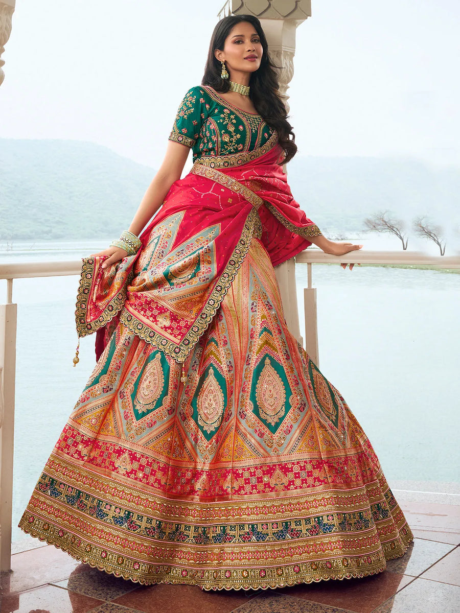 Elegant Embroidered Multi-Color Silk  Lehenga Choli Set