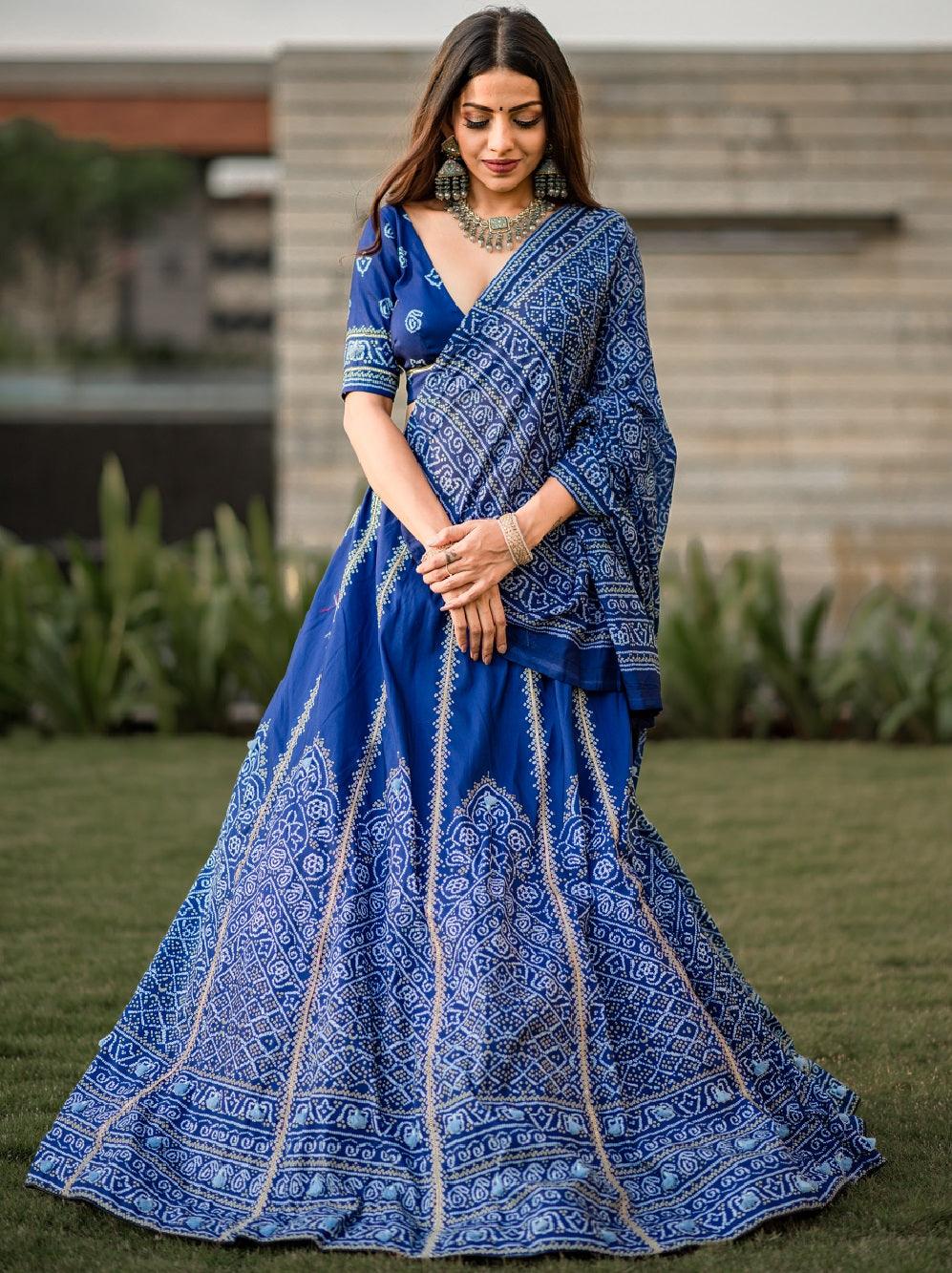 Navy blue vaishali silk bandhani print lehenga choli with gota patti dupatta