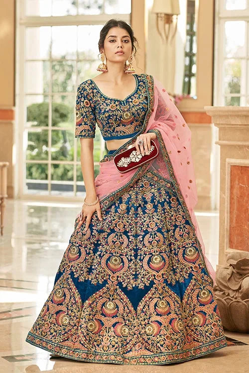 Traditional Velvet Bridal Lehenga Choli with Zari Embroidery
