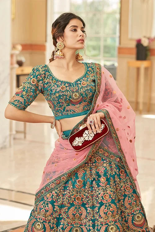 Designer Teal Velvet Lehenga with Soft Net Dupatta