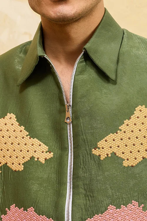 Regal Green Bomber Jacket with Thread Work and Pant for Mens