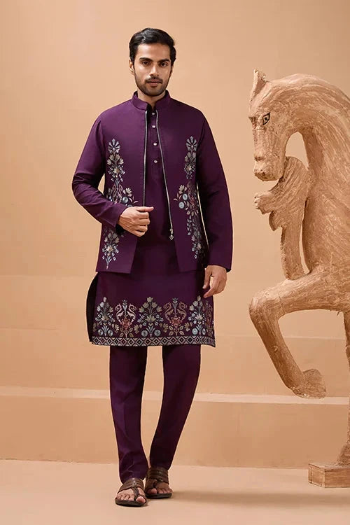 Vibrant Purple Color Koti Kurta Set Pair for Men Collection