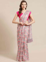 Stylish Pink Colour Poly Chiffon Floral Digital Print Saree