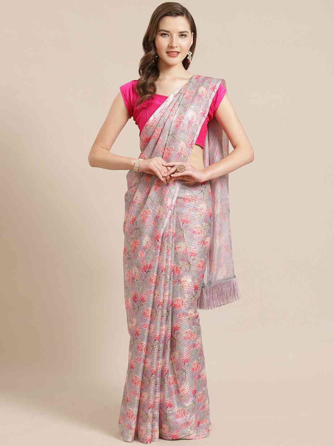 Stylish Pink Colour Poly Chiffon Floral Digital Print Saree