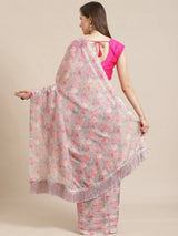 Stylish Pink Colour Poly Chiffon Floral Digital Print Saree