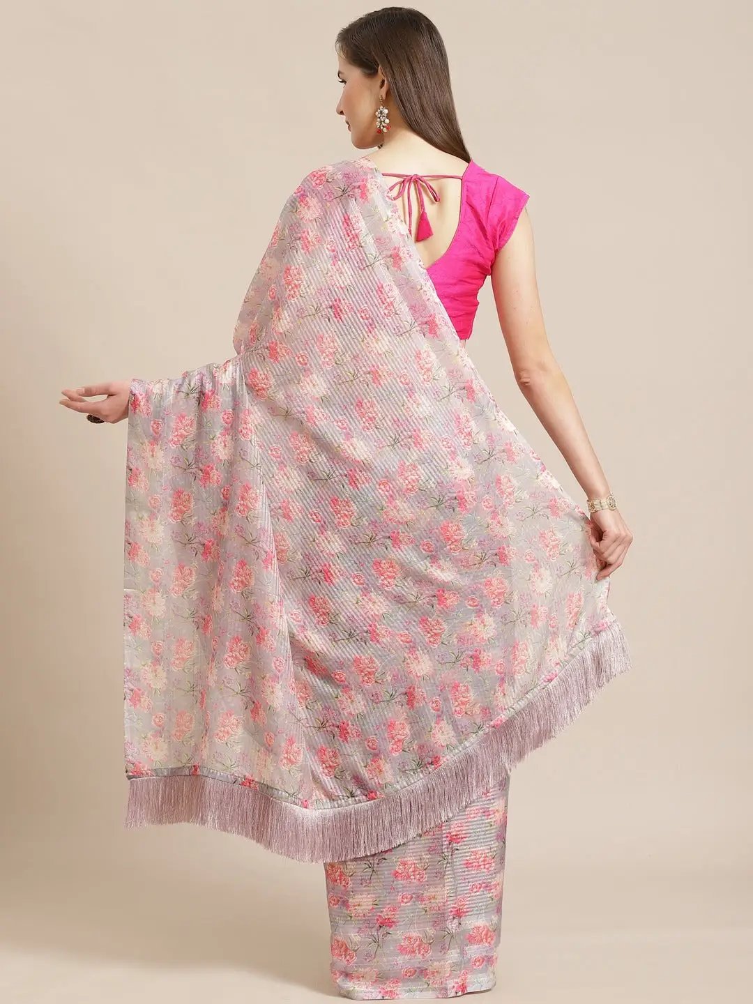 Stylish Pink Colour Poly Chiffon Floral Digital Print Saree