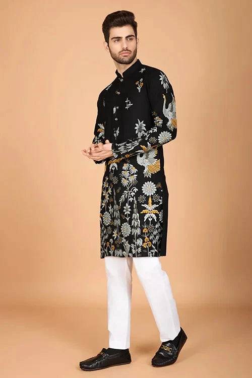 Black Designer Viscose Rayon Men's Kurta