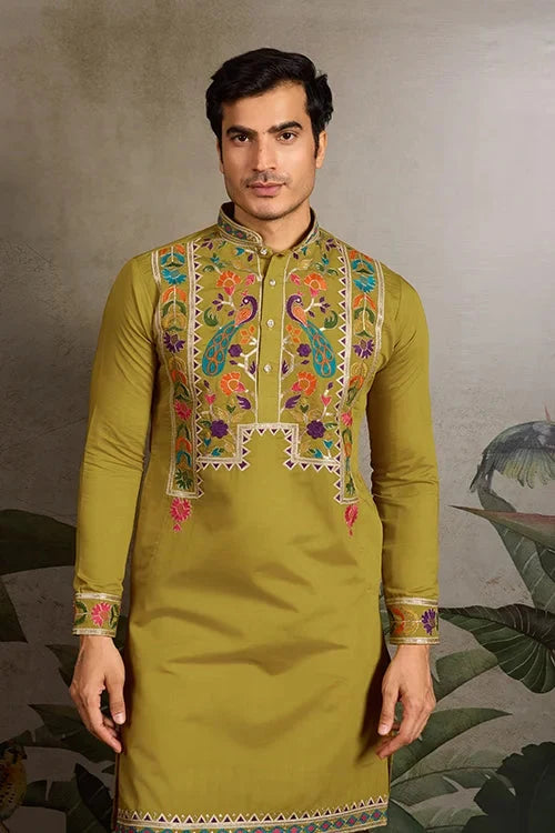 Festive Wear Flourescent Green Embroidered Kurta for Men