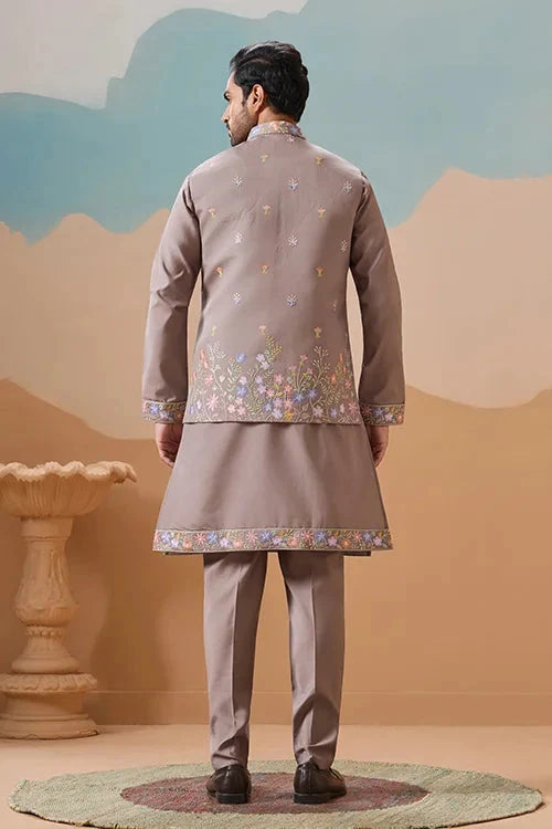 Elegant Grey Embroidered Koti Kurta Pant for Mens
