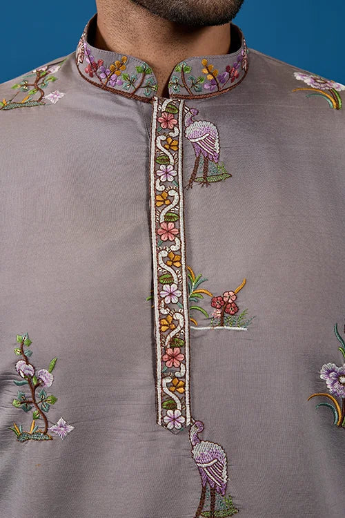 Classy Grey Embroidered Mens Kurta for Wedding Events