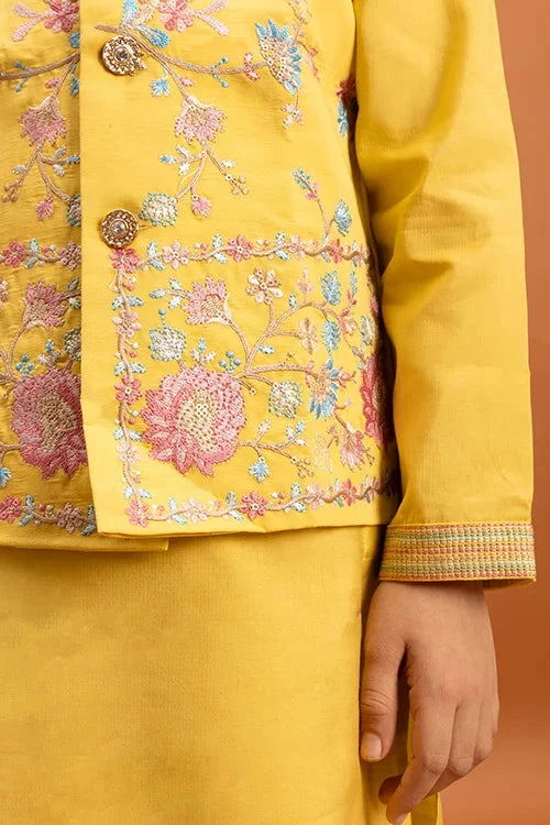 Haldi Celebration Kids Wear Yellow Kurta Pajama with Koti