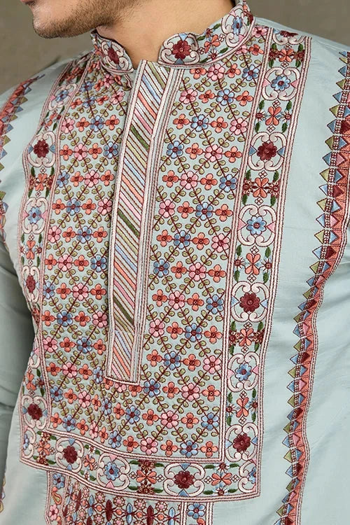 Traditional Sky Blue Embroidered Kurta Pajama Set