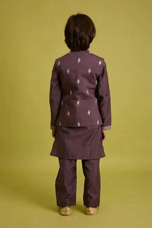 Premium Purple Kids Koti Kurta Pajama Set for Wedding Style