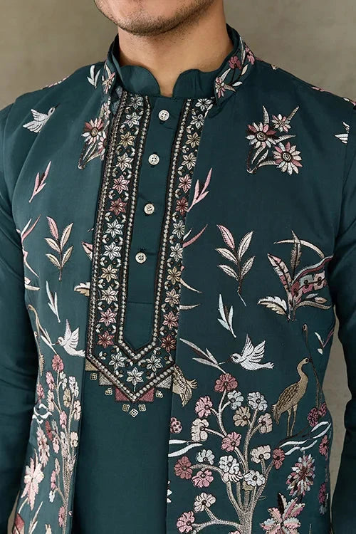 Traditional Green Kurta Pajama with Stylish Open Jacket