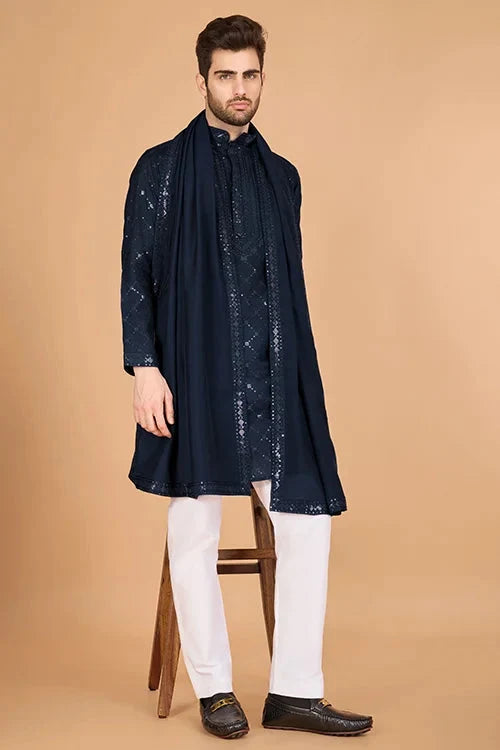 Navy Viscose Fabric Embroidered Traditional Kurta for Mens Wear