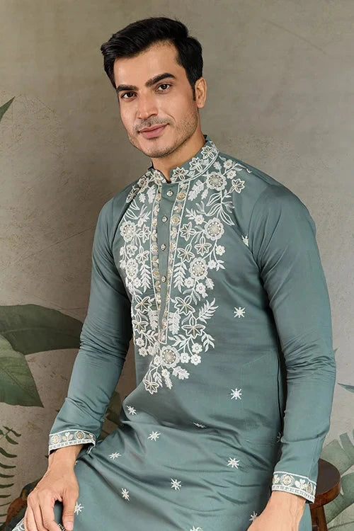 Pastel Pista Viscose Silk Embroidered Kurta for Men