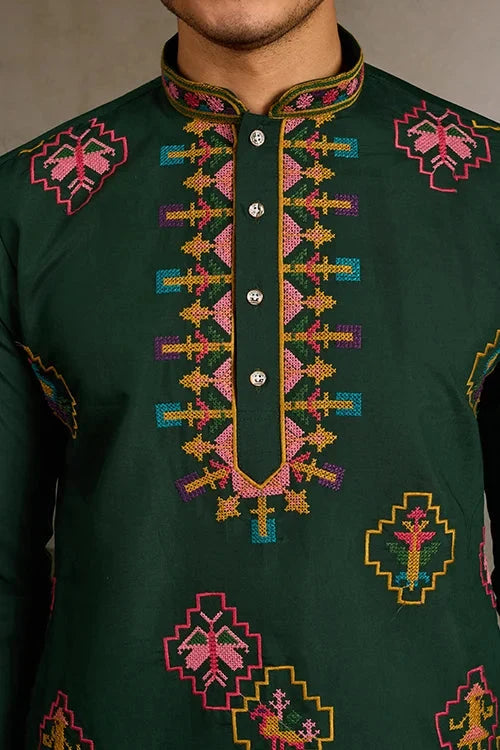 Embroidered Look Wedding Green Kurta for Men
